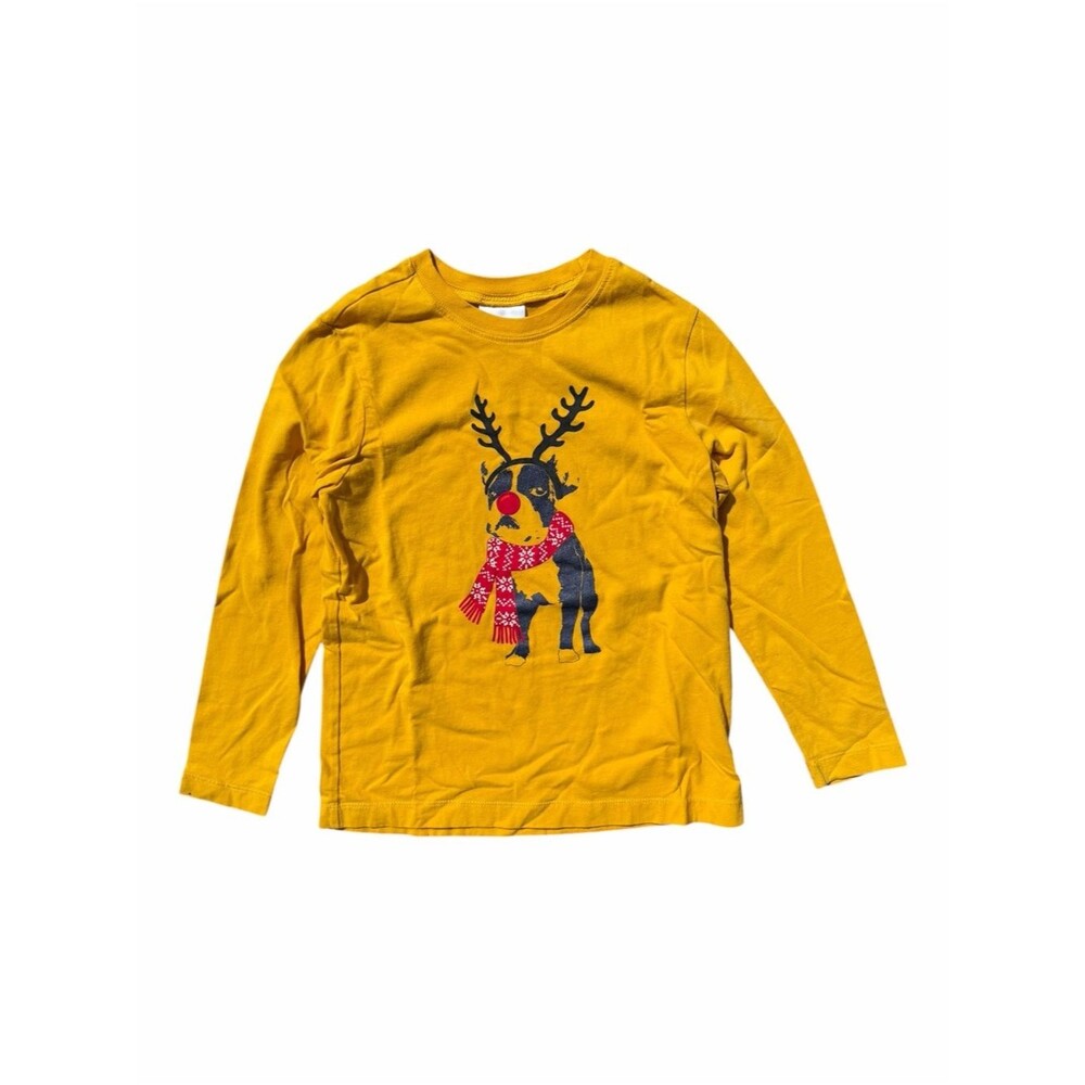 Hanna Andersson Long Sleeve Tee Kids 8 Yellow Reindeer Dog Pug Christmas